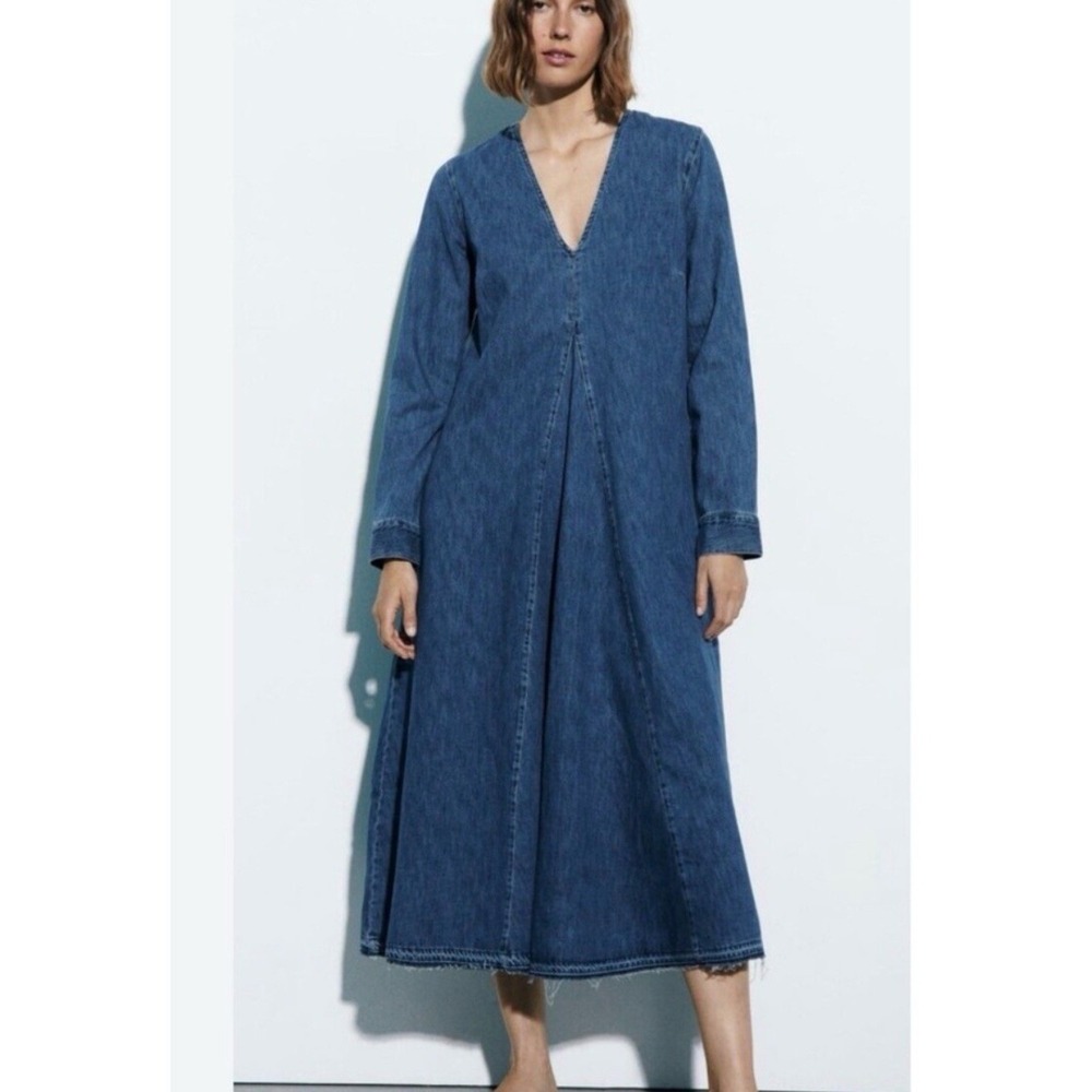 Zara Dress Tilda Denim Long Midi Raw Hem Long Sleeve V Neck Blue Jean Small NWT